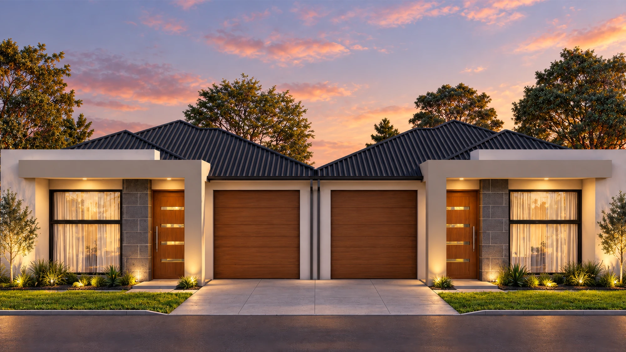Two single-storey rendered homes with timber garage doors sharing a central driveway