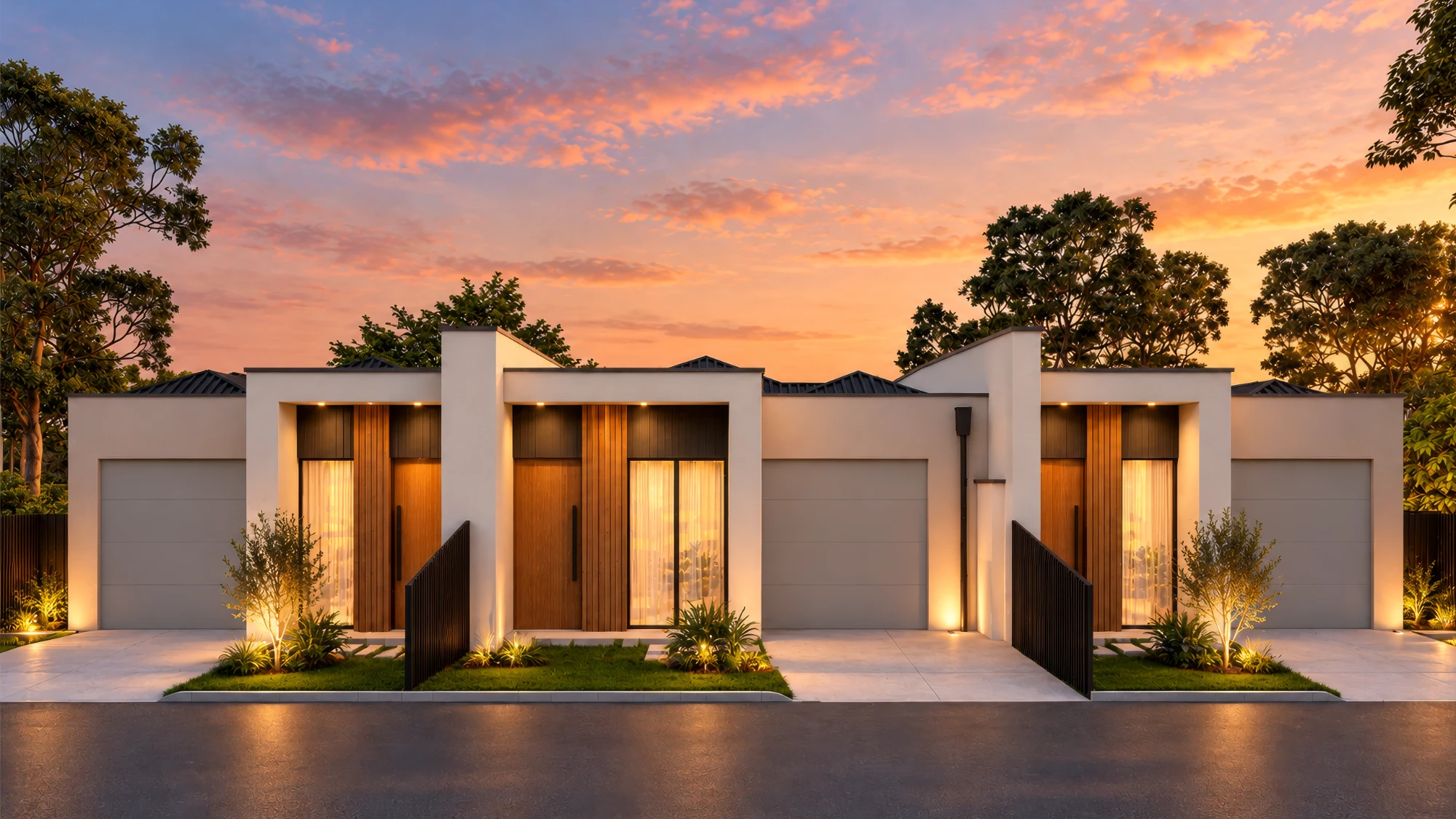 Three single-storey rendered homes in a row, each with a garage, timber entry and lit front garden