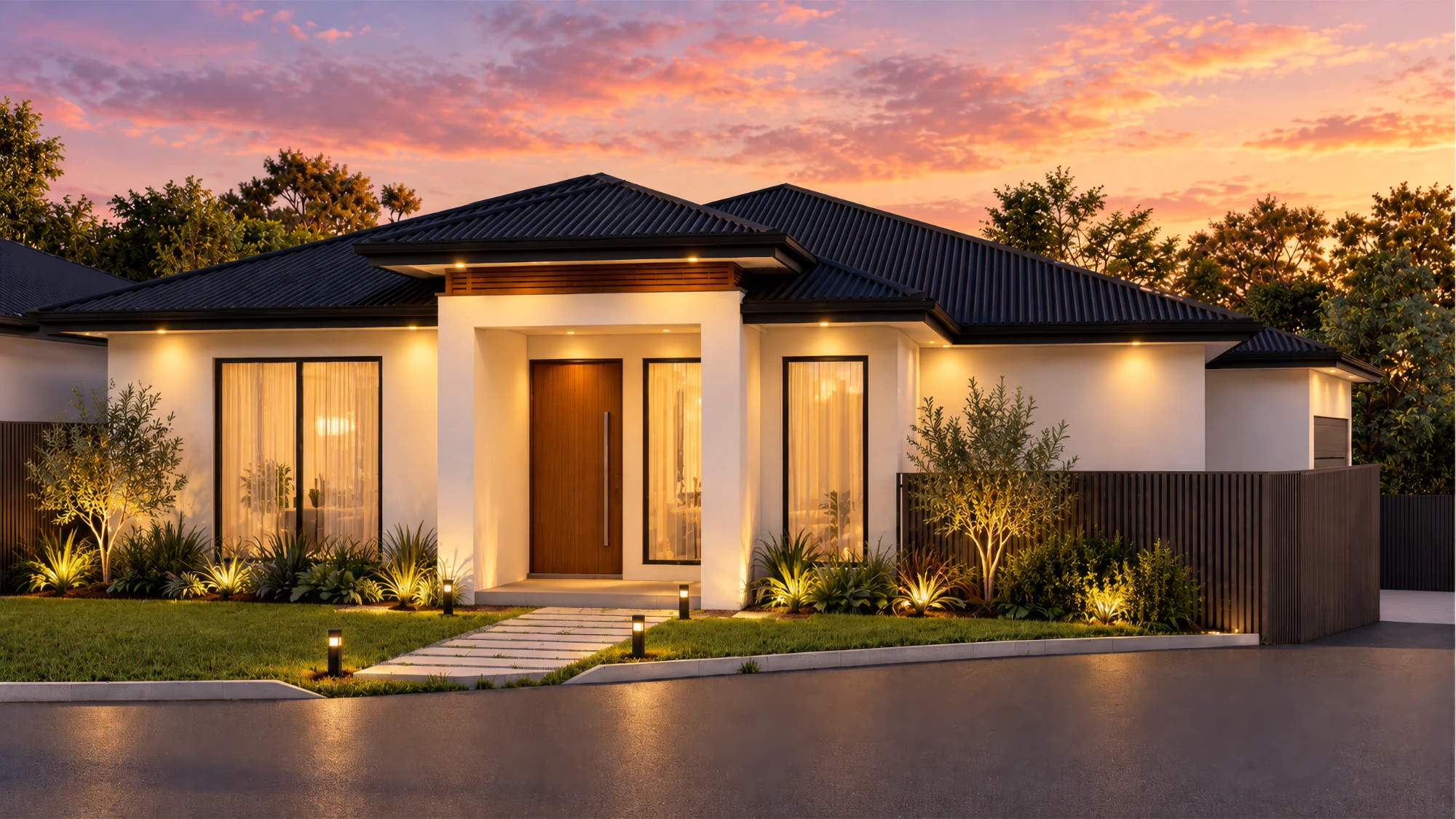 Single-storey rendered home at dusk with a hipped dark roof, timber front door and lit garden